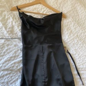 Cowl neck black satin dress
